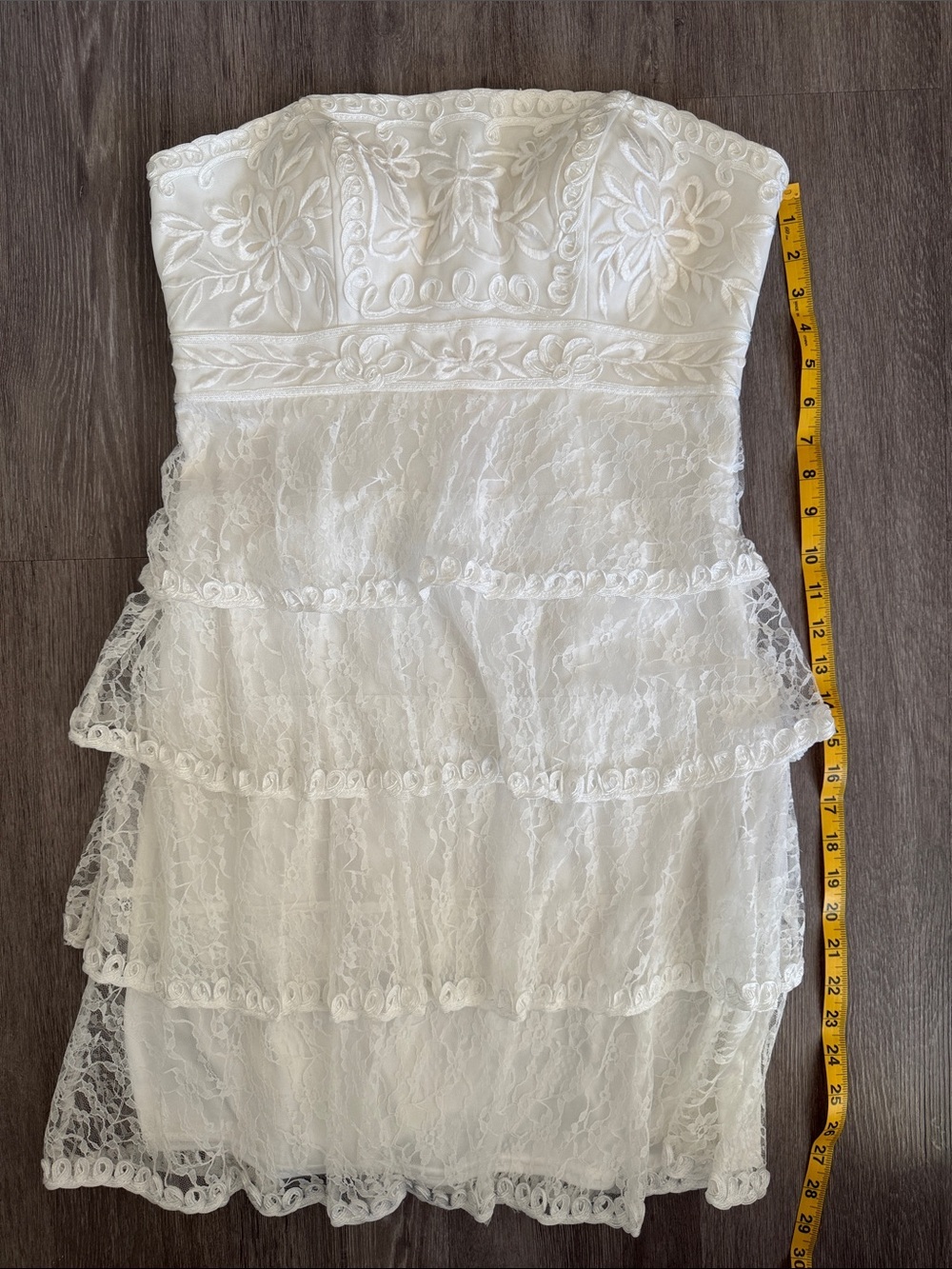 Sue Wong Lace Tiered Strapless Dress in White with Soutache Details - Picture 11 of 13